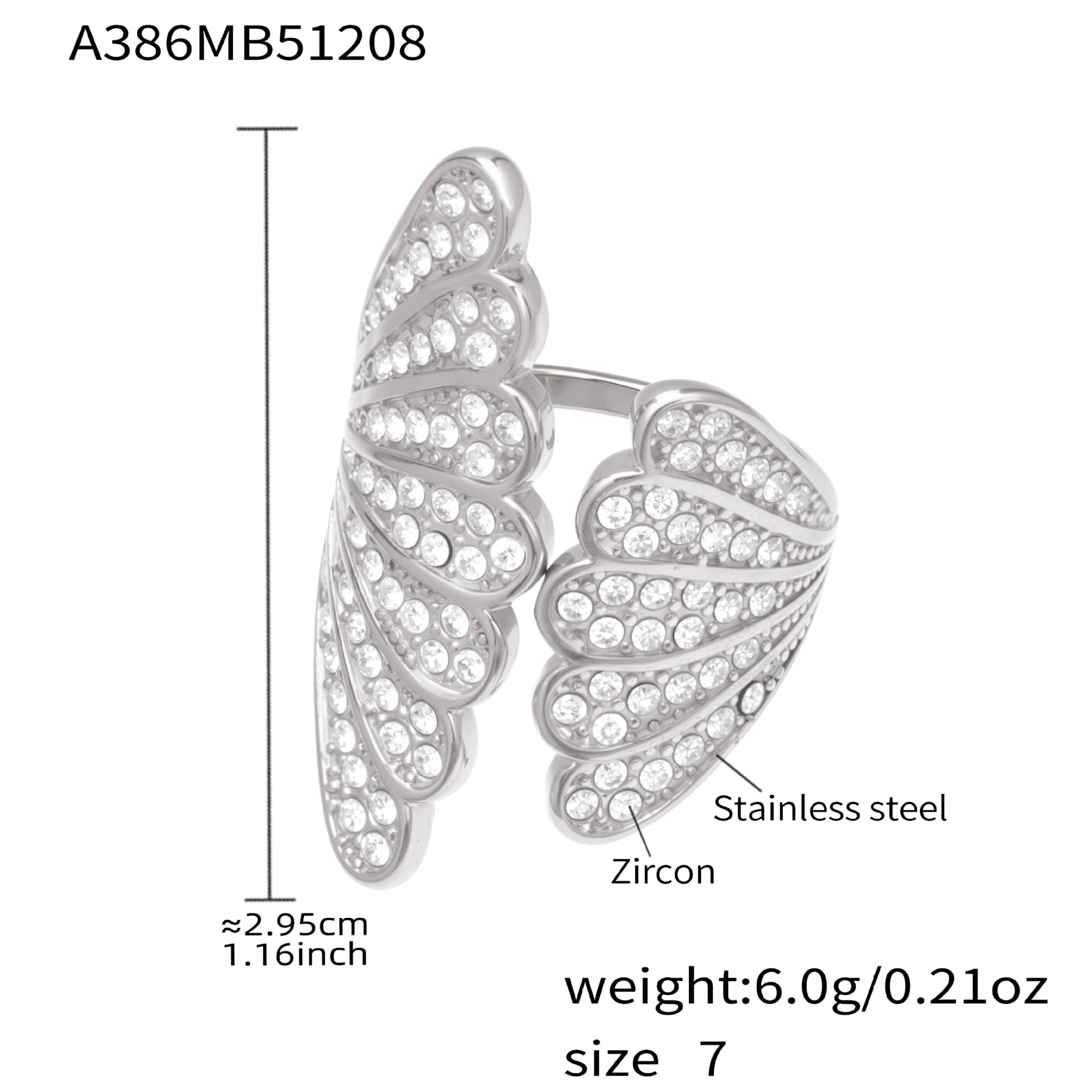 316L Stainless Steel Shell Zircon Open Ring Wholesale