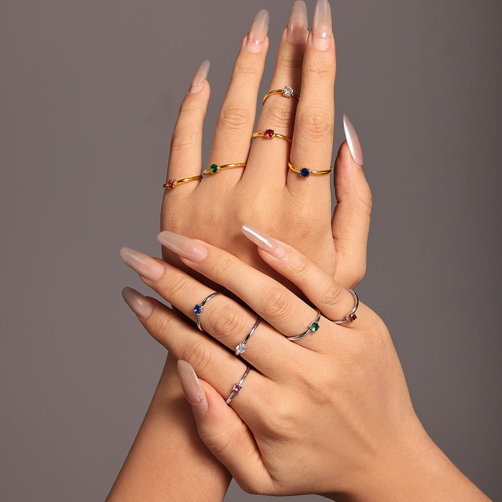 316L Stainless Steel Single Prong Zircon Open Adjustable Ring - Image 1