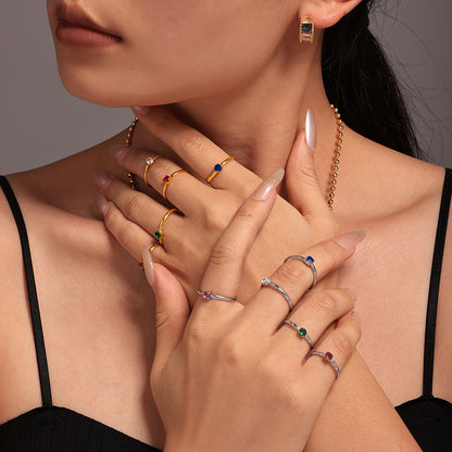 316L Stainless Steel Single Prong Zircon Open Adjustable Ring - Image 10