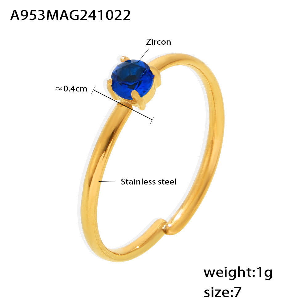 316L Stainless Steel Single Prong Zircon Open Adjustable Ring - Image 2