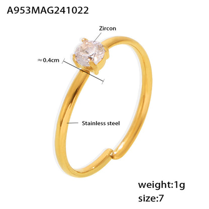 316L Stainless Steel Single Prong Zircon Open Adjustable Ring - Image 8