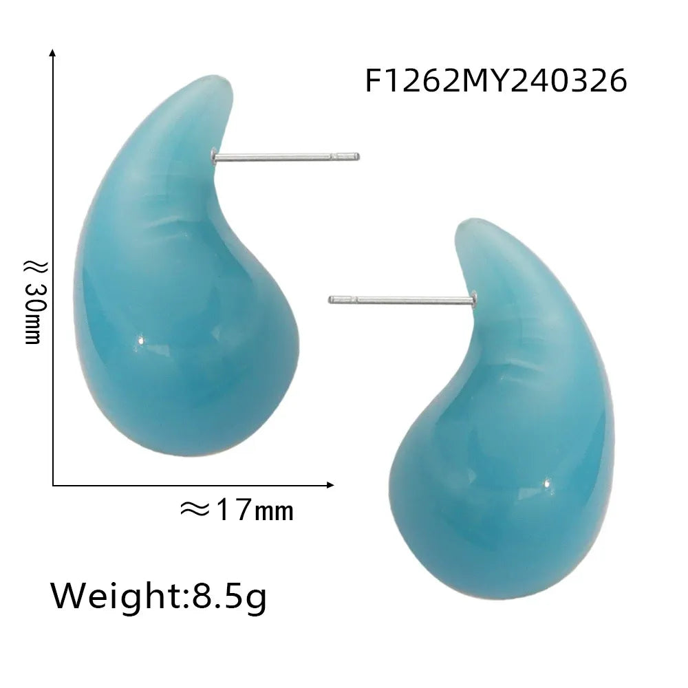 Sky blue resin teardrop stud earrings with 316L stainless steel posts, lightweight waterproof fashion earrings