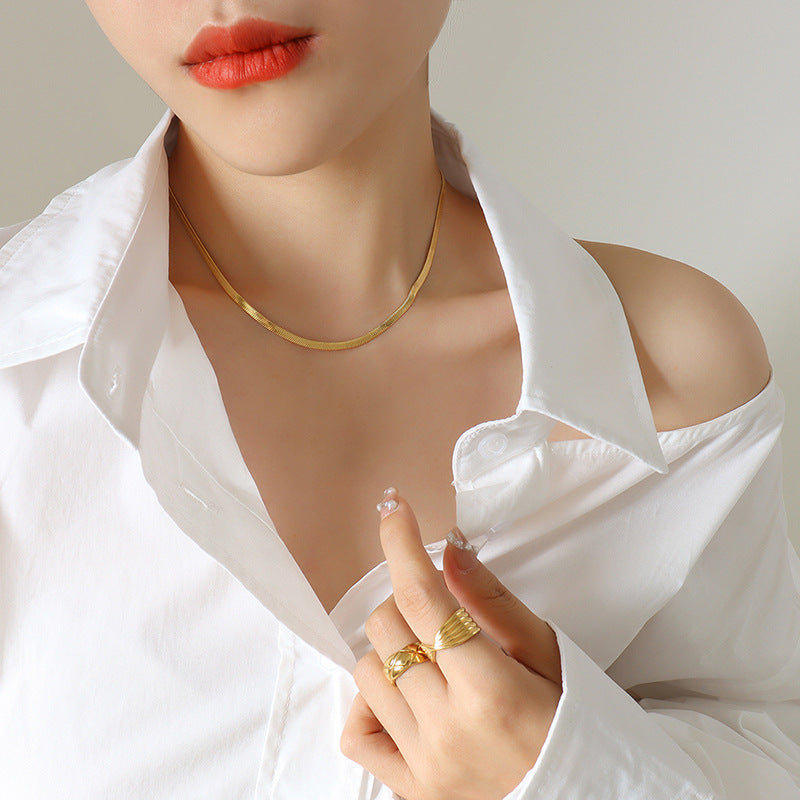 316L stainless steel Sleek Herringbone & Flat Chain Collection modeled styling view for wholesale necklace buyers