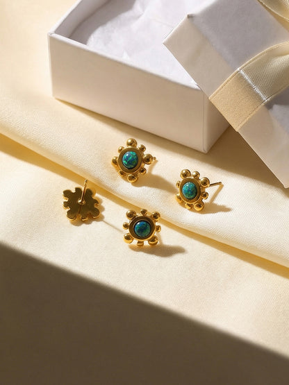 316L Stainless Steel Small Sunflower Natural Gemstone Stud Earrings - Image 1