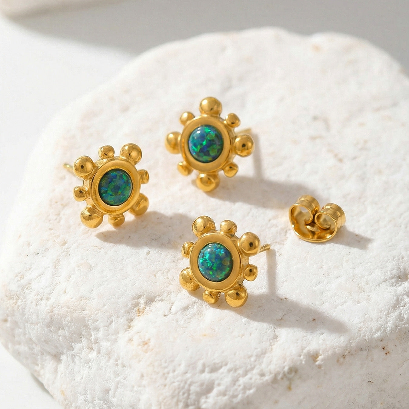 316L Stainless Steel Small Sunflower Natural Gemstone Stud Earrings - Image 11