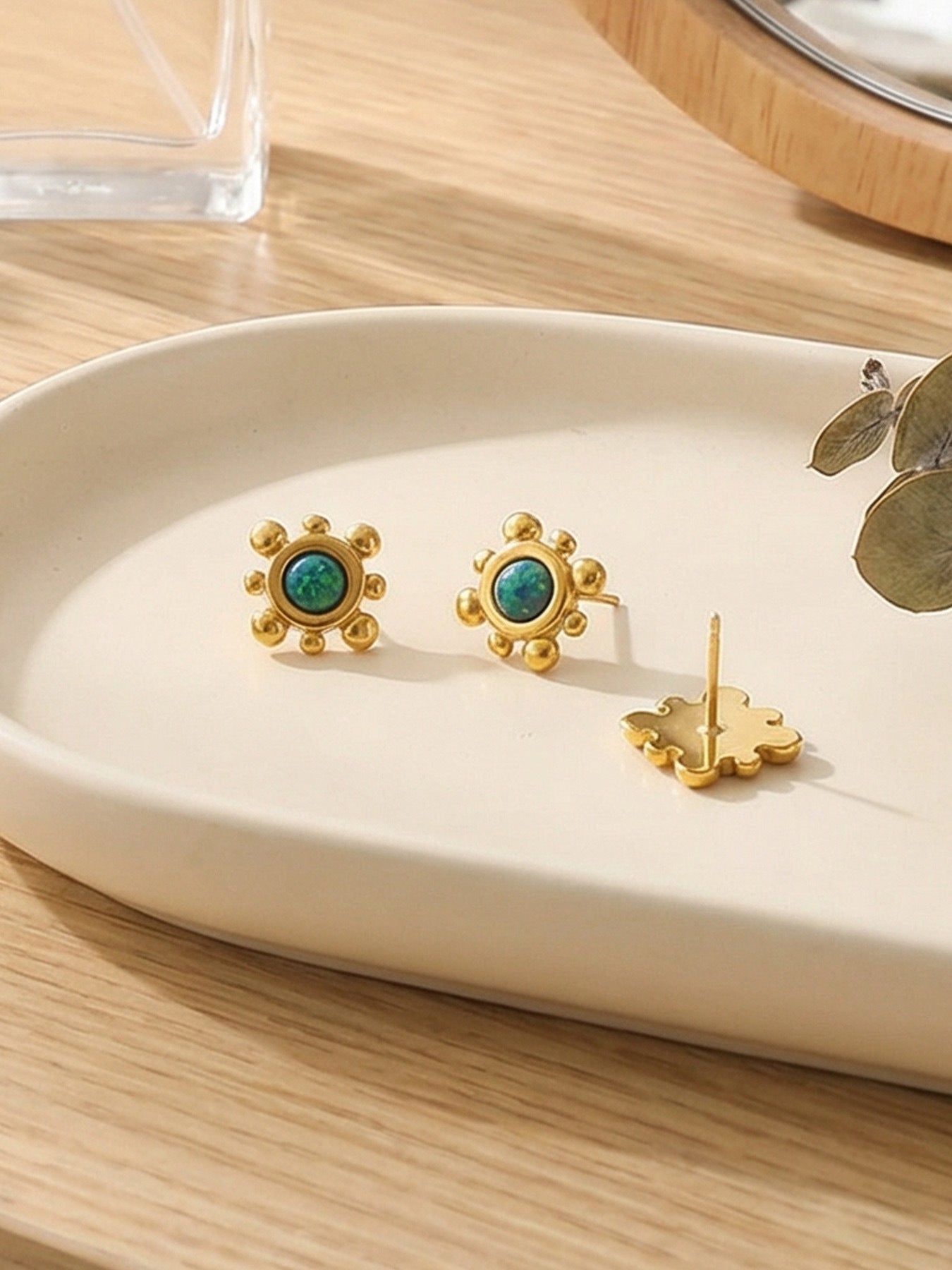 316L Stainless Steel Small Sunflower Natural Gemstone Stud Earrings - Image 3