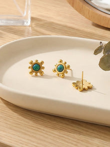 316L Stainless Steel Small Sunflower Natural Gemstone Stud Earrings - Image 3
