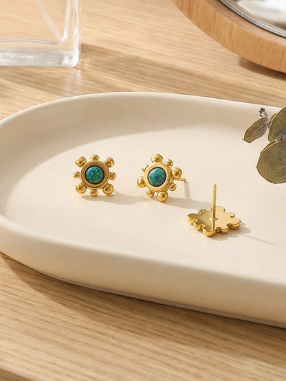 316L Stainless Steel Small Sunflower Natural Gemstone Stud Earrings - Image 3