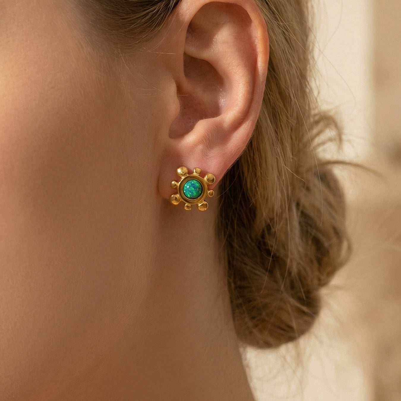 316L Stainless Steel Small Sunflower Natural Gemstone Stud Earrings - Image 8