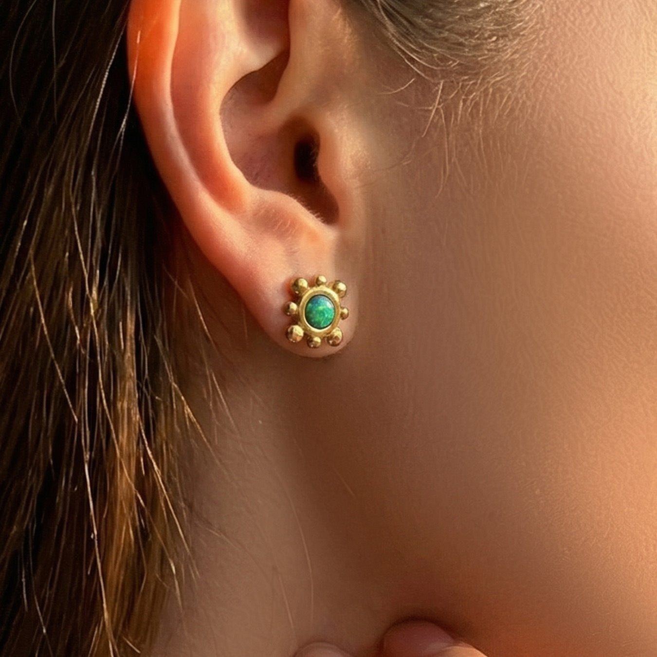 316L Stainless Steel Small Sunflower Natural Gemstone Stud Earrings - Image 9