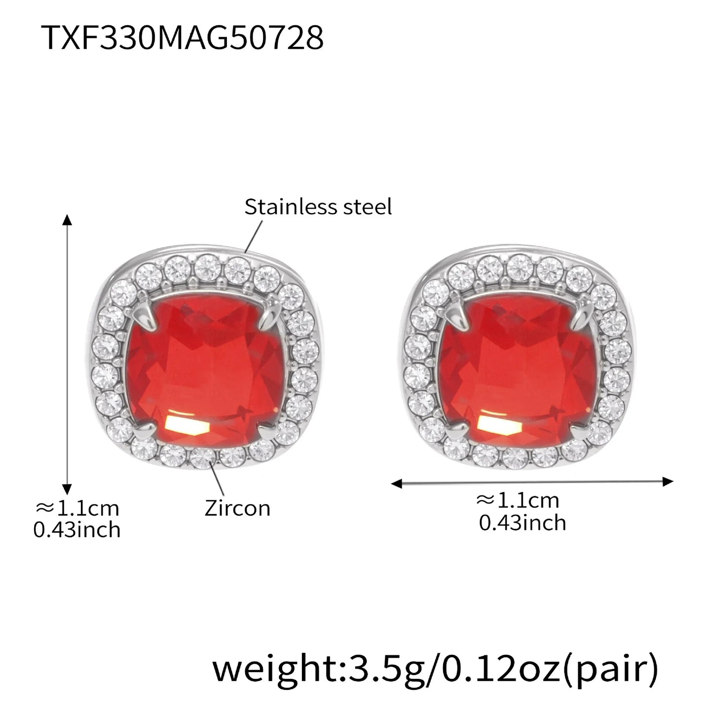 316L Stainless Steel Solitaire Square Red Zircon Jewelry Set - Image 10