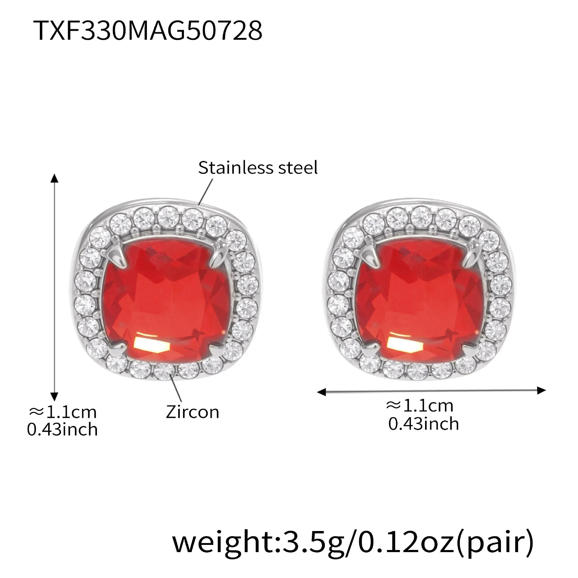 316L Stainless Steel Solitaire Square Red Zircon Jewelry Set - Image 10