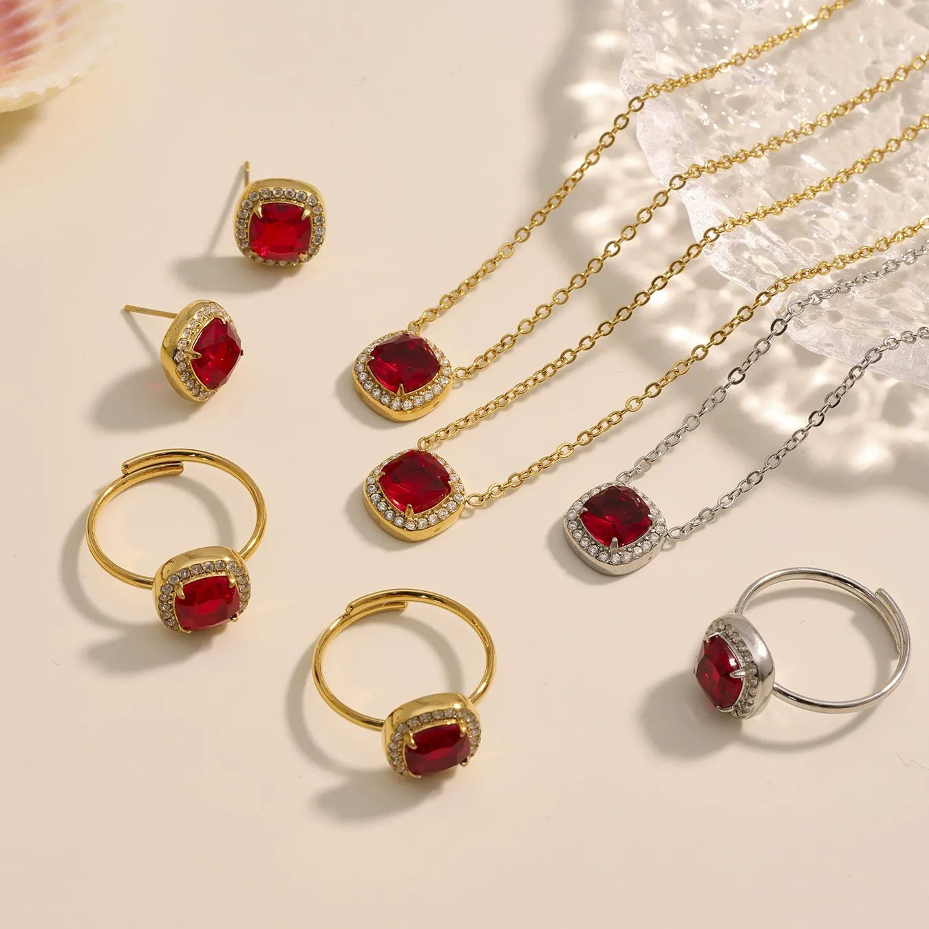 316L Stainless Steel Solitaire Square Red Zircon Jewelry Set - Image 2