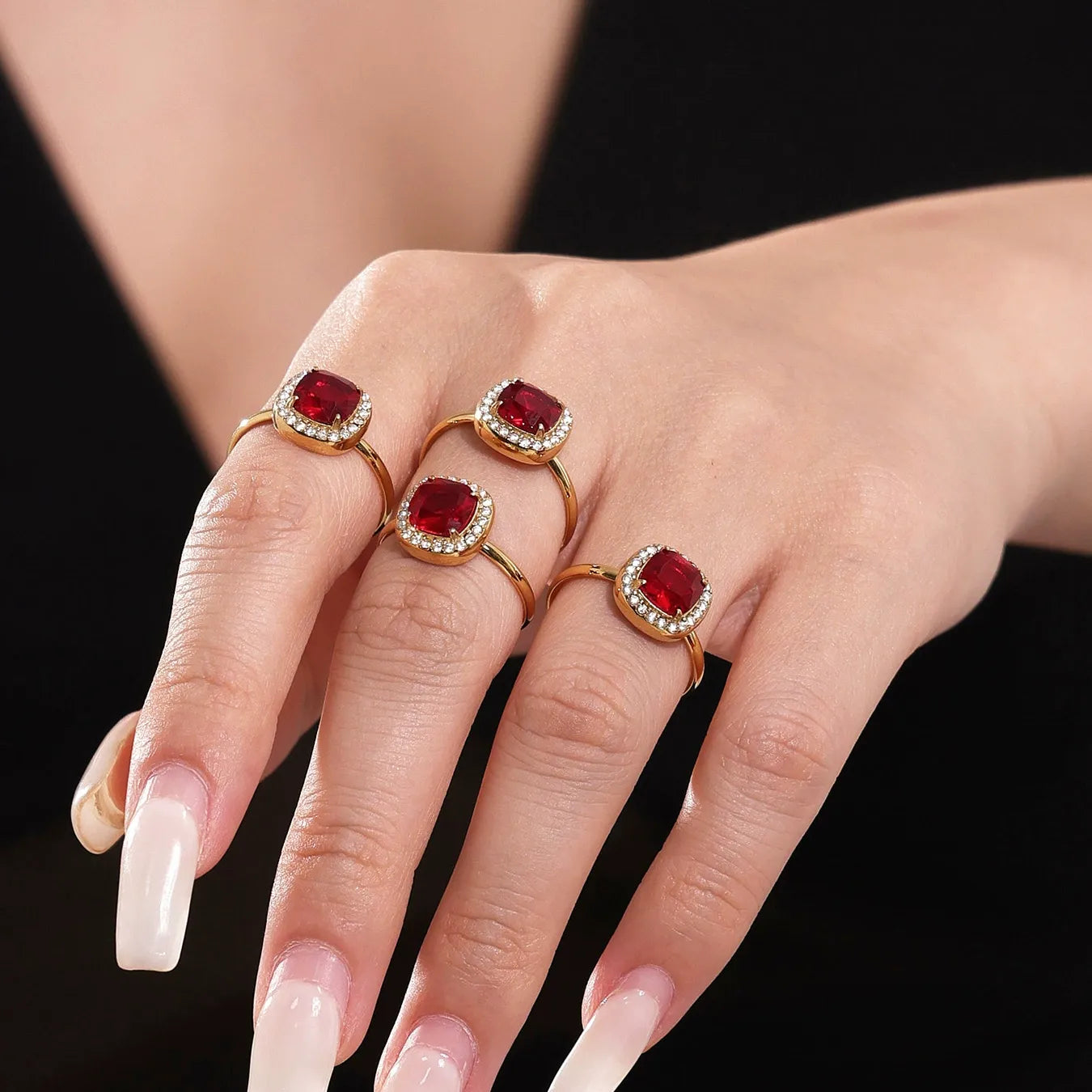 316L Stainless Steel Solitaire Square Red Zircon Jewelry Set - Image 3
