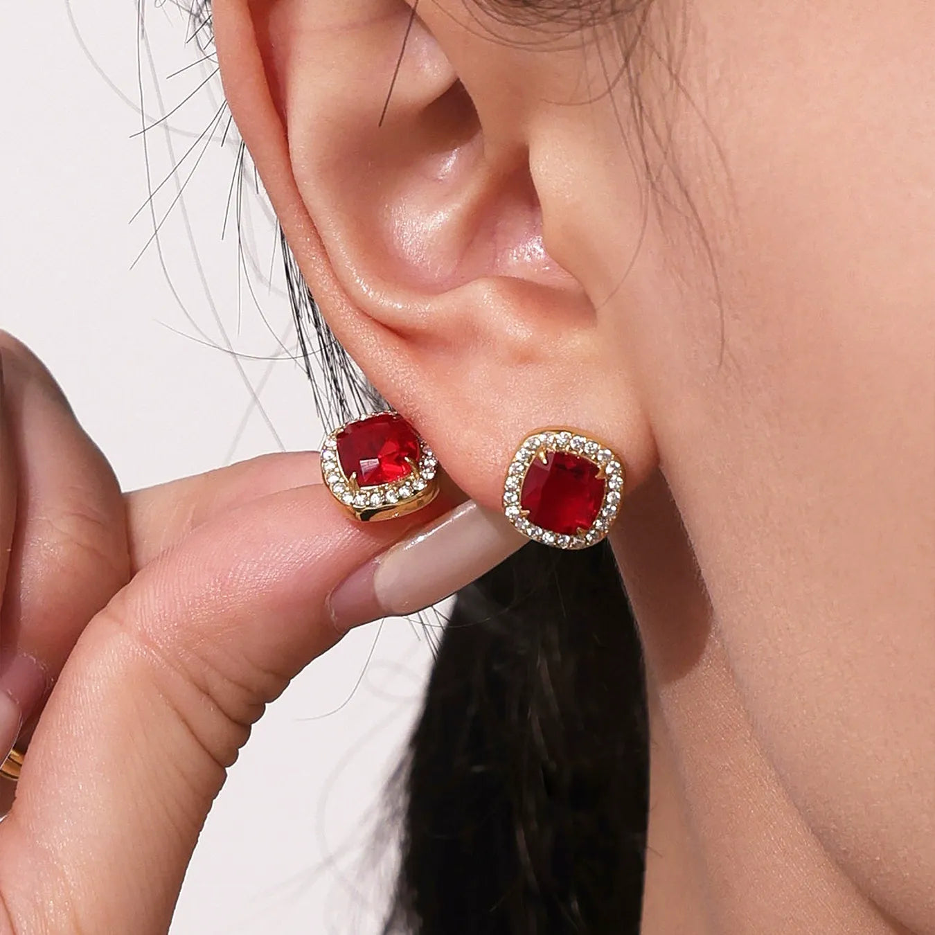 316L Stainless Steel Solitaire Square Red Zircon Jewelry Set - Image 4