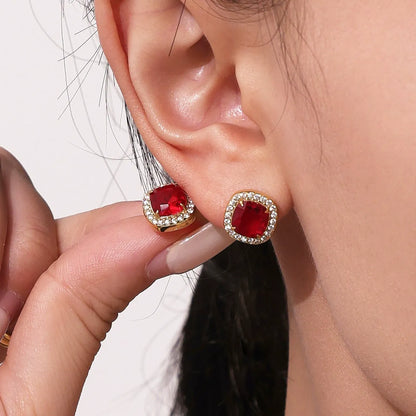 316L Stainless Steel Solitaire Square Red Zircon Jewelry Set - Image 4