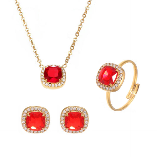 316L Stainless Steel Solitaire Square Red Zircon Jewelry Set - Image 5