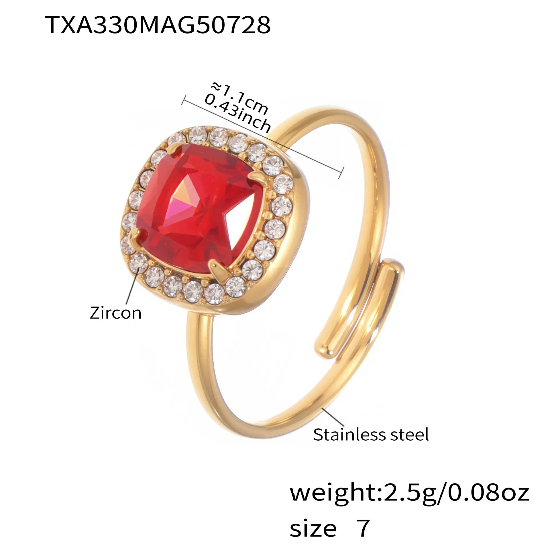 316L Stainless Steel Solitaire Square Red Zircon Jewelry Set - Image 9