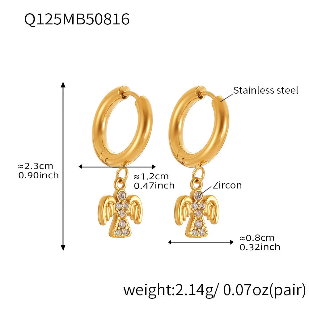 316L Stainless Steel Sparkling 5A Zircon Angel Dangle Hoop Earrings - Image 1