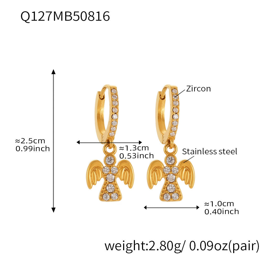 316L Stainless Steel Sparkling 5A Zircon Angel Dangle Hoop Earrings - Image 2