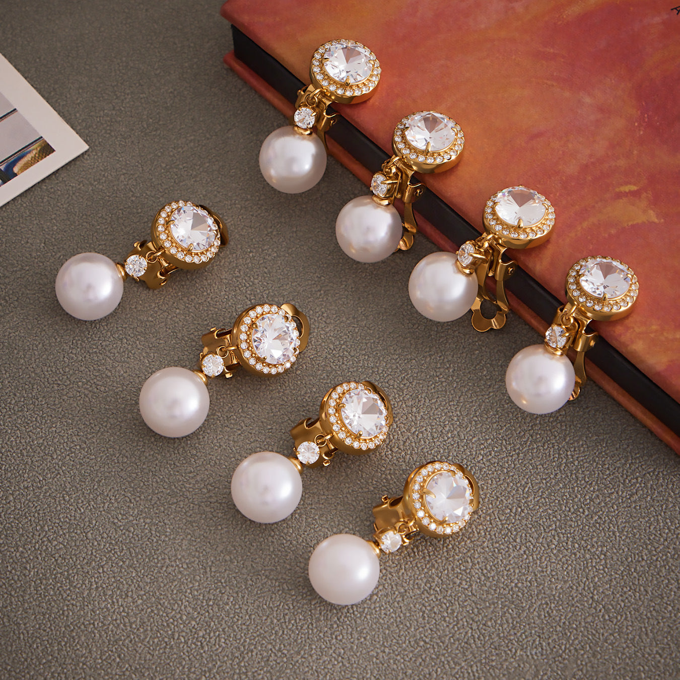 316L Stainless Steel Sparkling 5A Zircon & Faux Pearl Dangle Ear Clips - Image 11