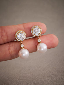 316L Stainless Steel Sparkling 5A Zircon & Faux Pearl Dangle Ear Clips - Image 12