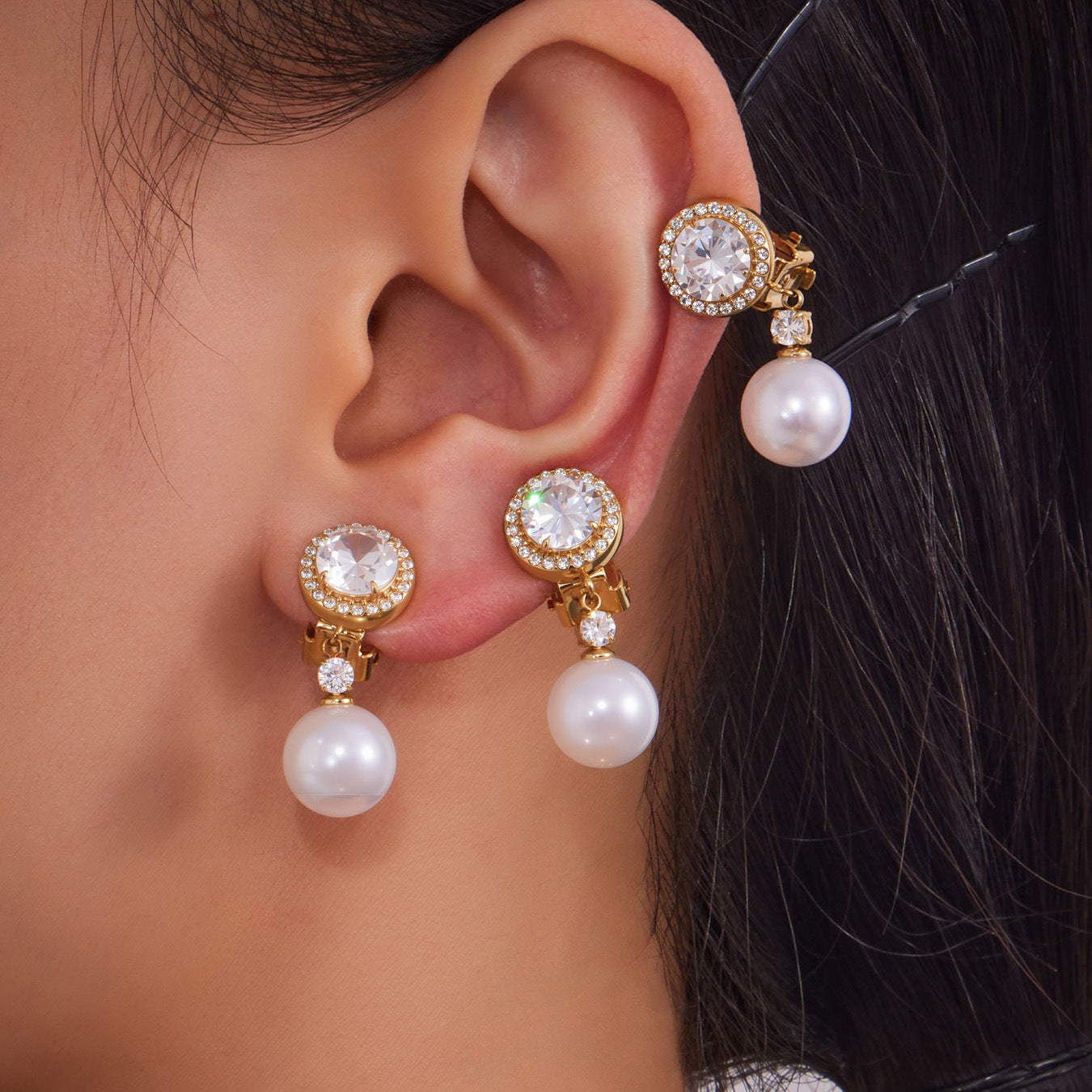316L Stainless Steel Sparkling 5A Zircon & Faux Pearl Dangle Ear Clips - Image 2