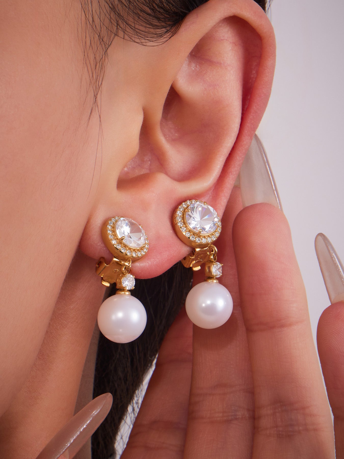 316L Stainless Steel Sparkling 5A Zircon & Faux Pearl Dangle Ear Clips - Image 3