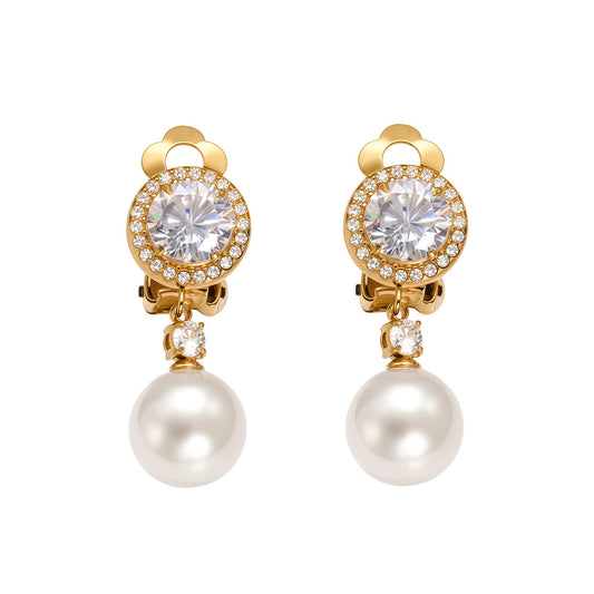 316L Stainless Steel Sparkling 5A Zircon & Faux Pearl Dangle Ear Clips - Image 4