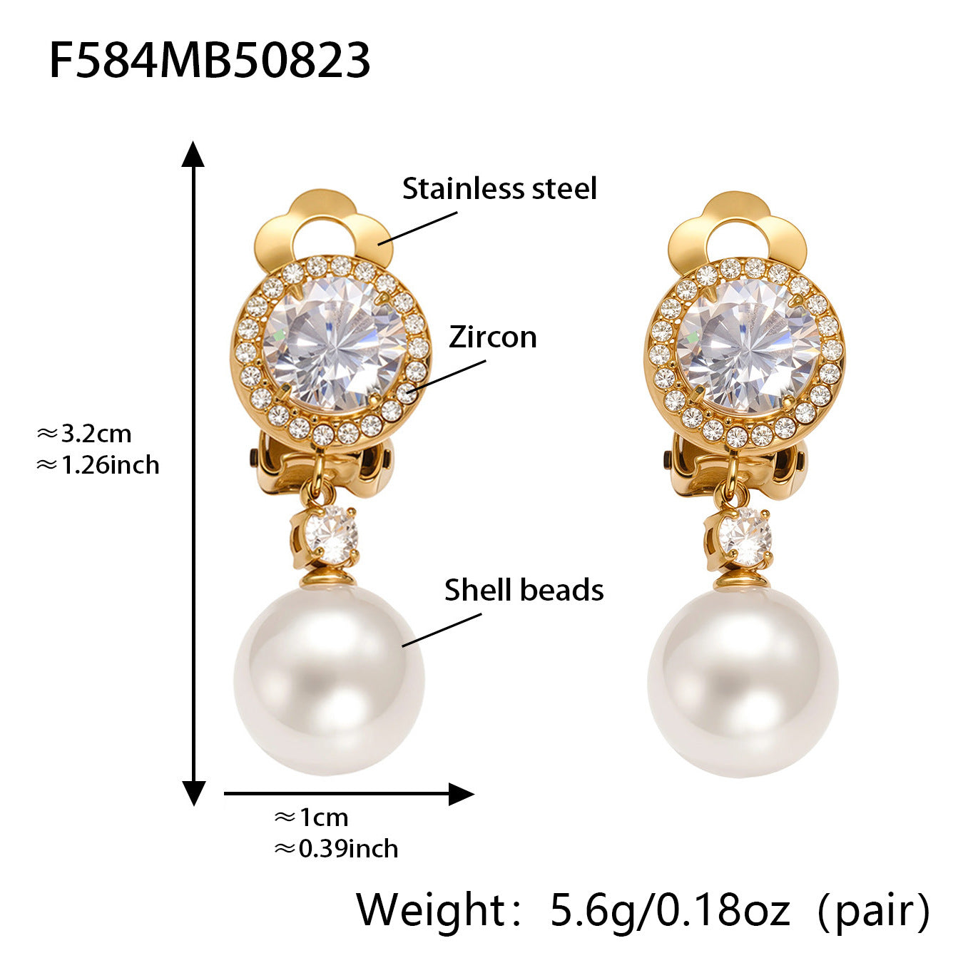 316L Stainless Steel Sparkling 5A Zircon & Faux Pearl Dangle Ear Clips - Image 5