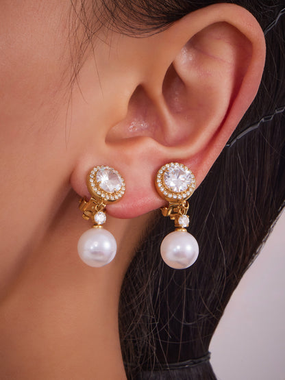 316L Stainless Steel Sparkling 5A Zircon & Faux Pearl Dangle Ear Clips - Image 6