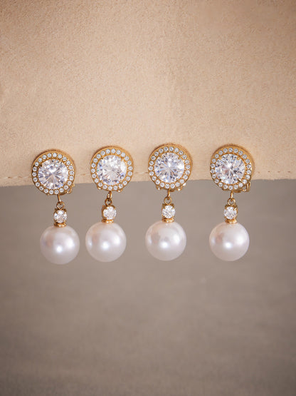 316L Stainless Steel Sparkling 5A Zircon & Faux Pearl Dangle Ear Clips - Image 7