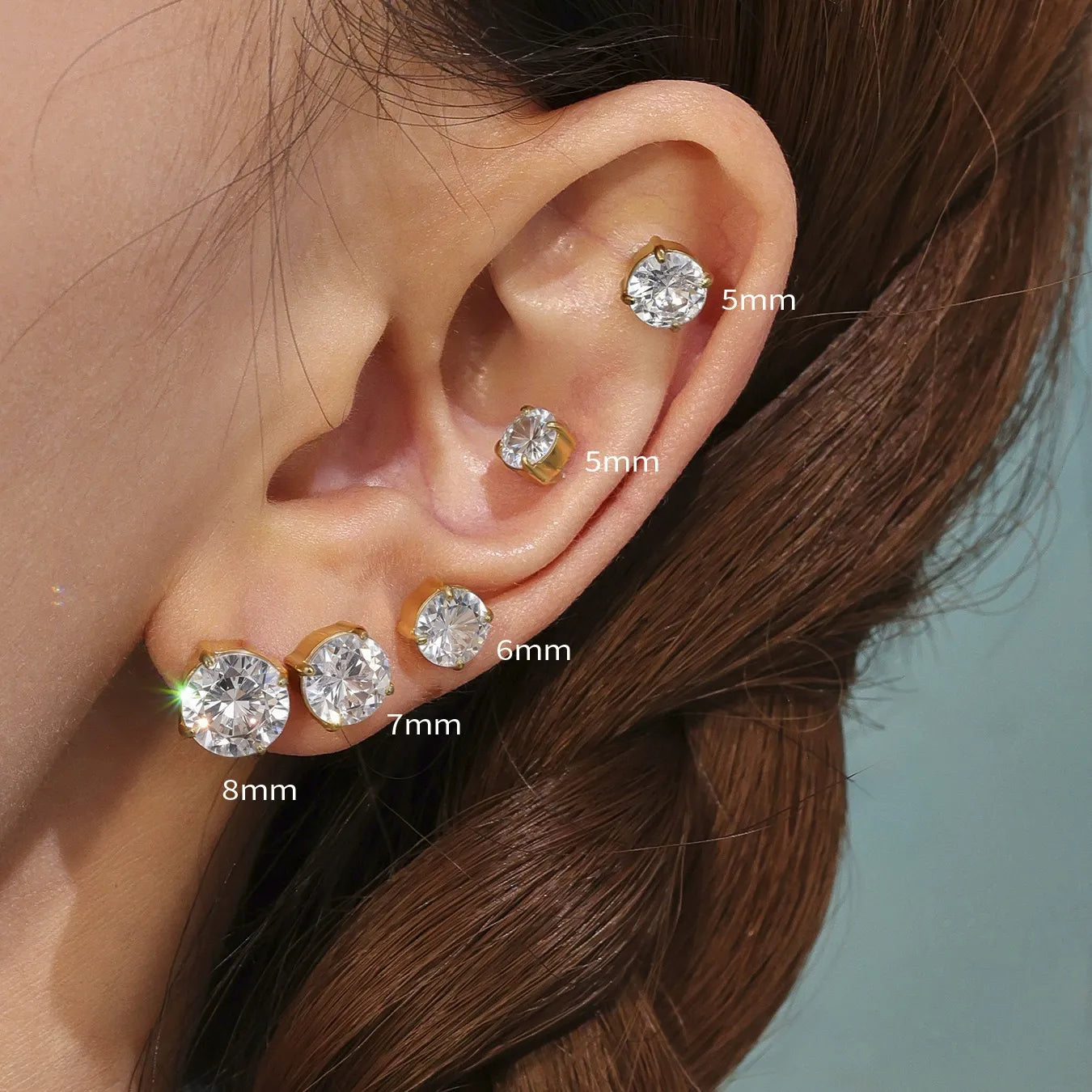 316L stainless steel Sparkling 5A Zircon Minimalist Claw-Set Ear Studs modeled styling view for wholesale earrings buyers