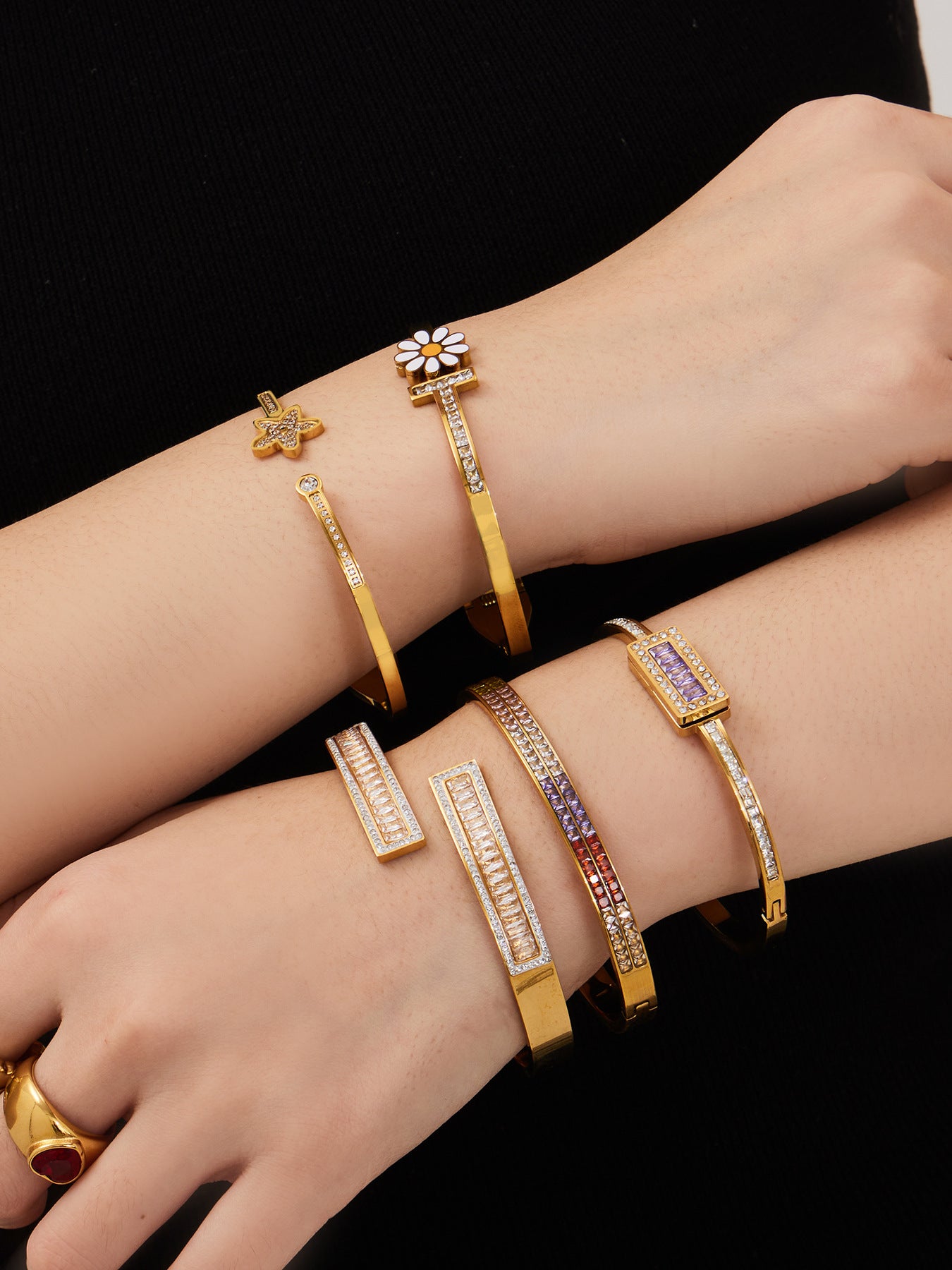 316L Stainless Steel Sparkling 5A Zircon Pavé & Enamel Daisy Bracelet Set - Image 10