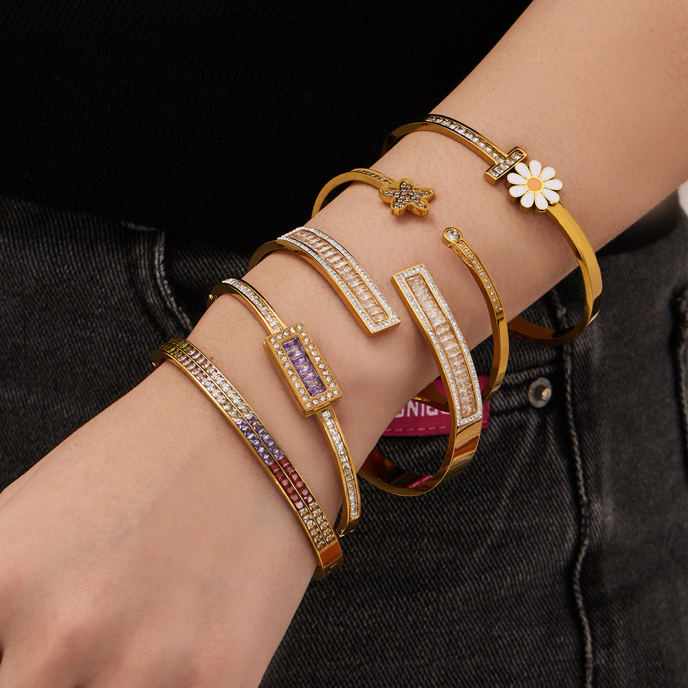 316L Stainless Steel Sparkling 5A Zircon Pavé & Enamel Daisy Bracelet Set - Image 2