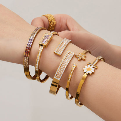 316L Stainless Steel Sparkling 5A Zircon Pavé & Enamel Daisy Bracelet Set - Image 3