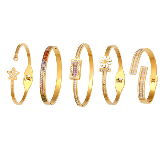 316L Stainless Steel Sparkling 5A Zircon Pavé & Enamel Daisy Bracelet Set - Image 4