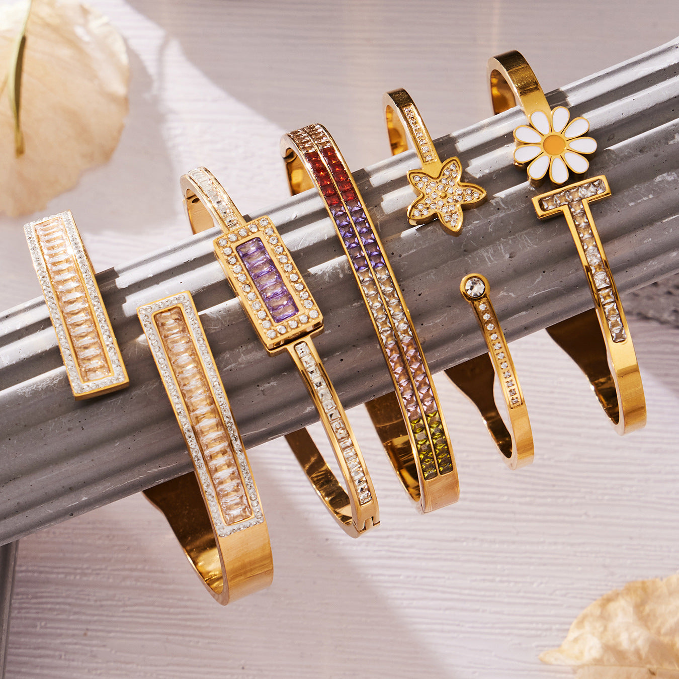 316L Stainless Steel Sparkling 5A Zircon Pavé & Enamel Daisy Bracelet Set - Image 5