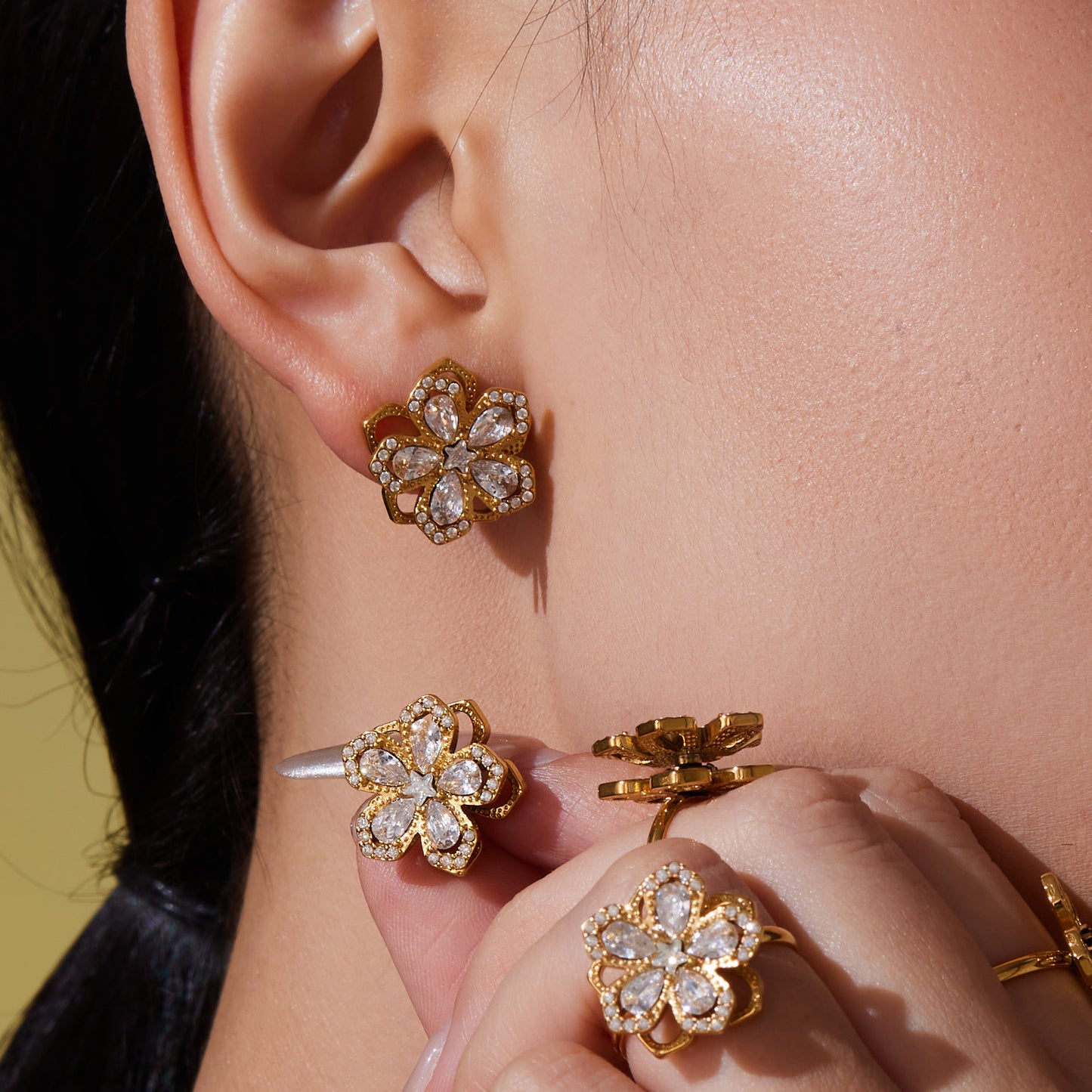 316L Stainless Steel Sparkling 5A Zircon Rotating Five-Leaf Flower Ring, Necklace & Earrings - Image 1