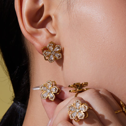 316L Stainless Steel Sparkling 5A Zircon Rotating Five-Leaf Flower Ring, Necklace & Earrings - Image 1