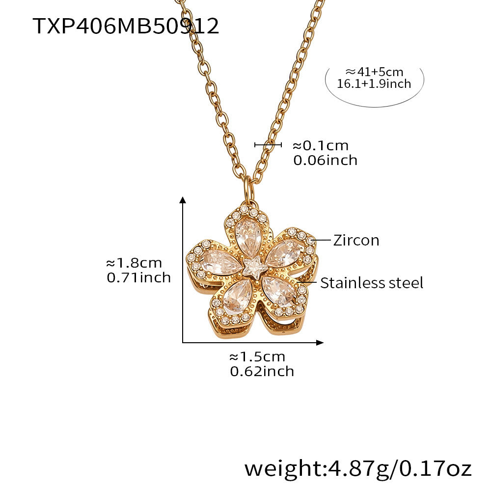 316L Stainless Steel Sparkling 5A Zircon Rotating Five-Leaf Flower Ring, Necklace & Earrings - Image 2