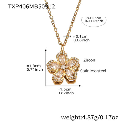 316L Stainless Steel Sparkling 5A Zircon Rotating Five-Leaf Flower Ring, Necklace & Earrings - Image 2
