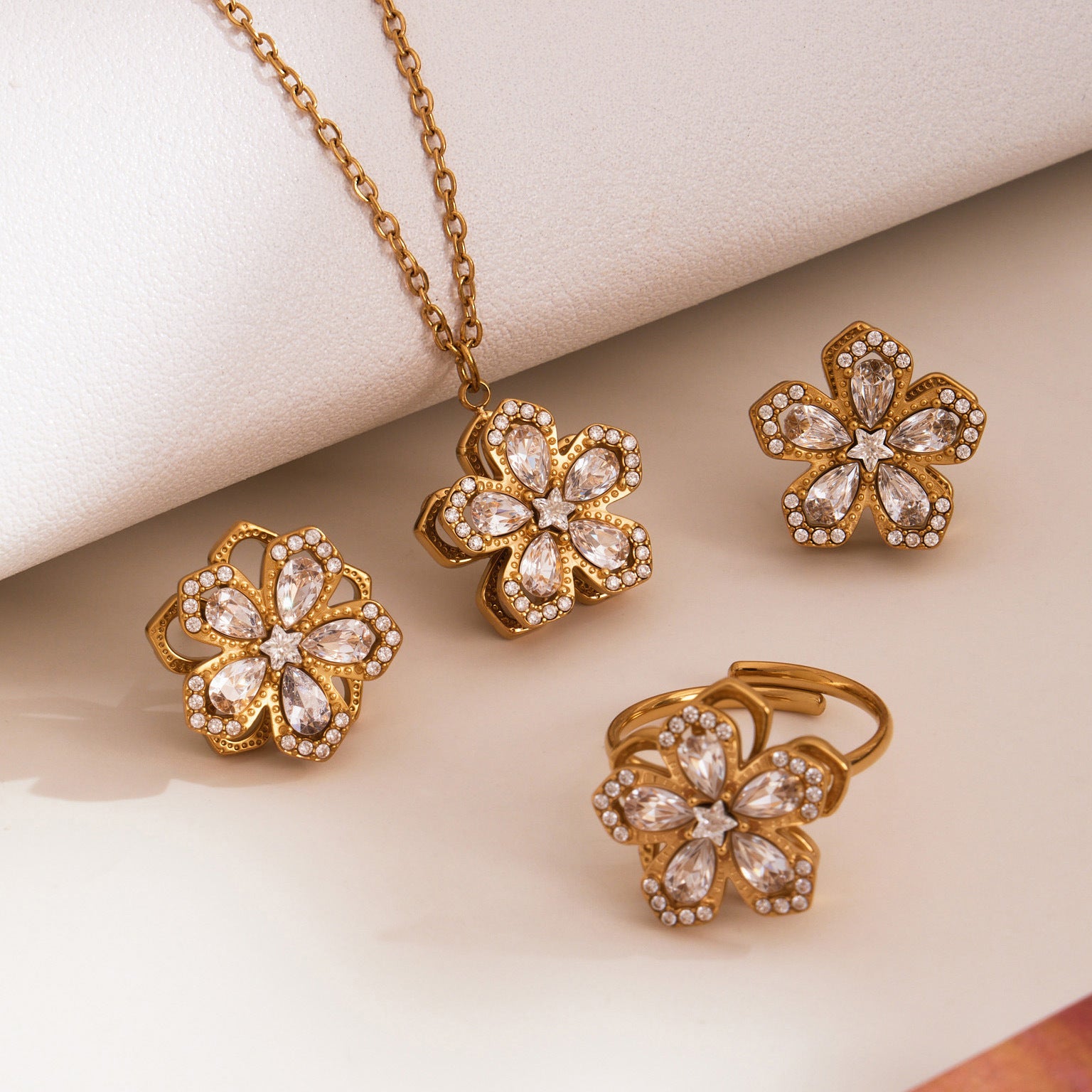 316L Stainless Steel Sparkling 5A Zircon Rotating Five-Leaf Flower Ring, Necklace & Earrings - Image 3