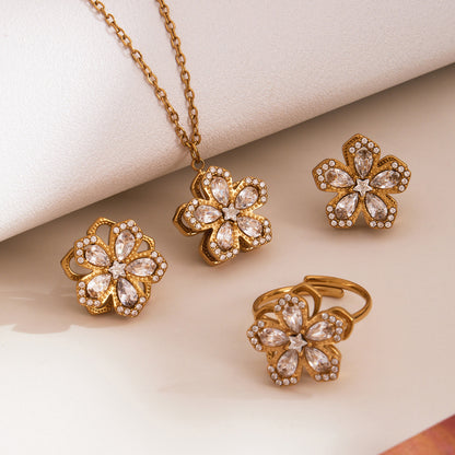 316L Stainless Steel Sparkling 5A Zircon Rotating Five-Leaf Flower Ring, Necklace & Earrings - Image 3