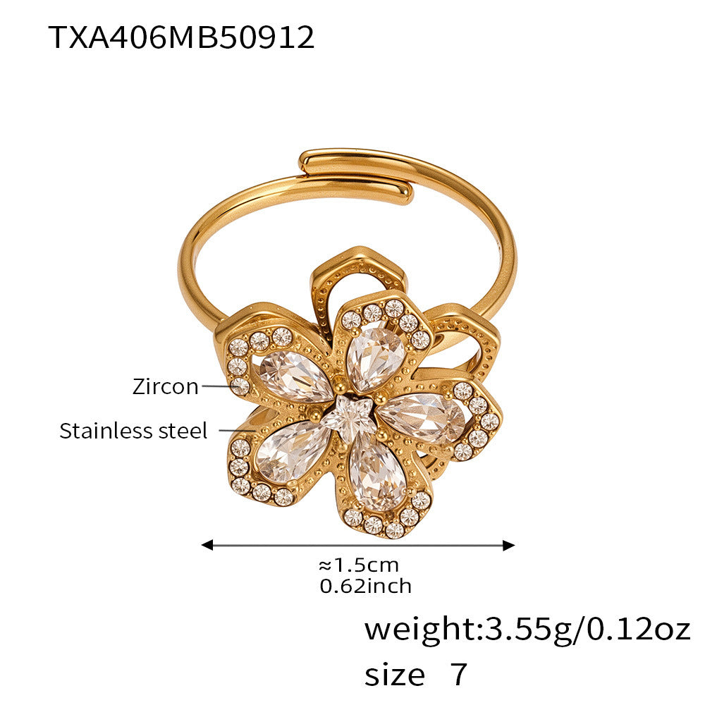316L Stainless Steel Sparkling 5A Zircon Rotating Five-Leaf Flower Ring, Necklace & Earrings - Image 4