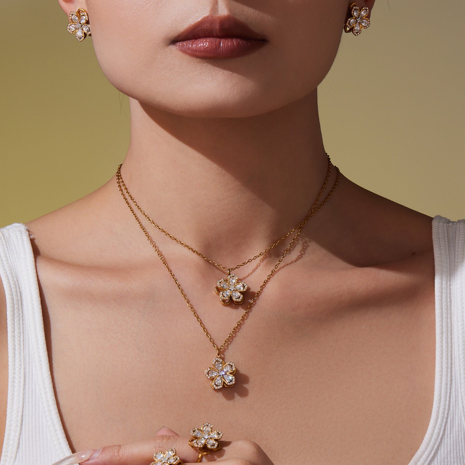 316L Stainless Steel Sparkling 5A Zircon Rotating Five-Leaf Flower Ring, Necklace & Earrings - Image 5