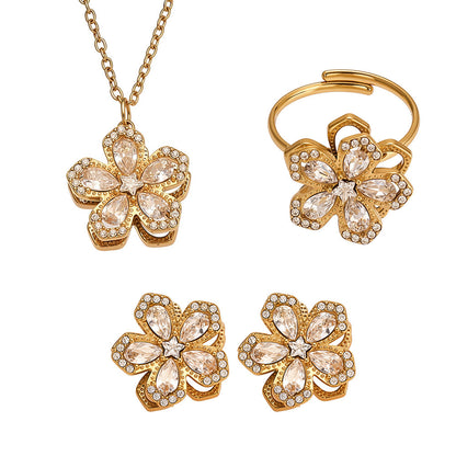316L Stainless Steel Sparkling 5A Zircon Rotating Five-Leaf Flower Ring, Necklace & Earrings - Image 6