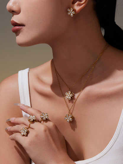 316L Stainless Steel Sparkling 5A Zircon Rotating Five-Leaf Flower Ring, Necklace & Earrings - Image 7