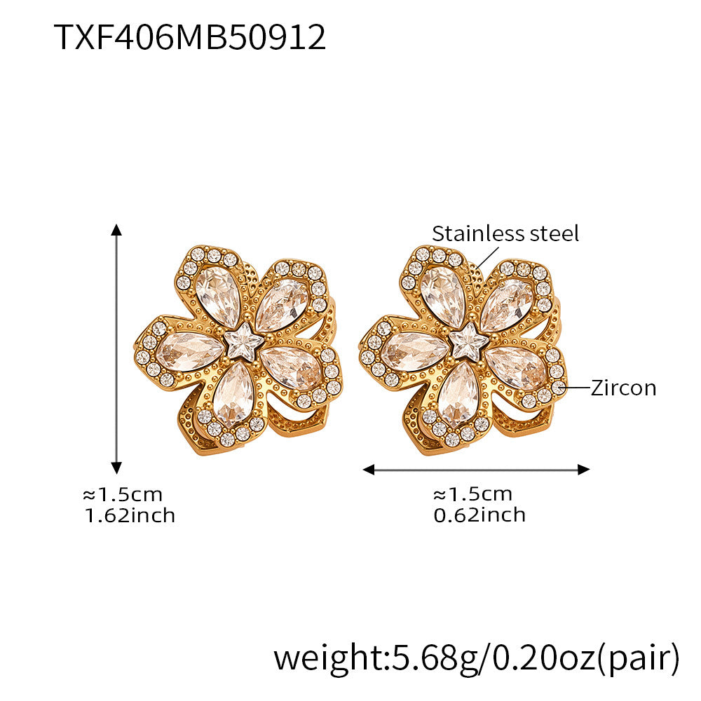 316L Stainless Steel Sparkling 5A Zircon Rotating Five-Leaf Flower Ring, Necklace & Earrings - Image 8