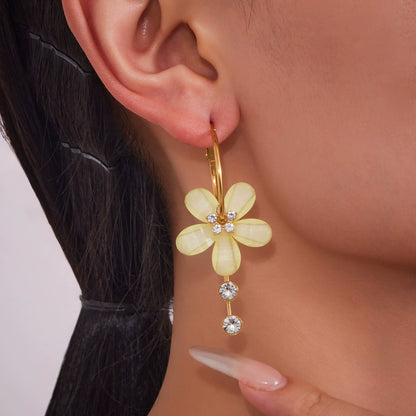 316L Stainless Steel Sparkling Camellia Tassel Hoop Earrings - Image 16